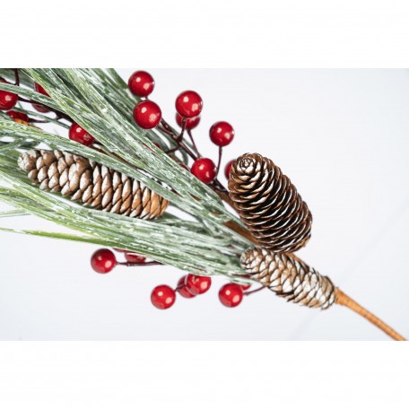 Branche Décorative avec Pommes de Pin  Baies Rouges et Aiguilles Enneigées