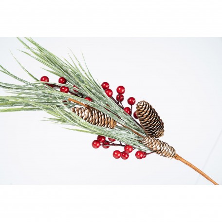 Branche Décorative avec Pommes de Pin  Baies Rouges et Aiguilles Enneigées