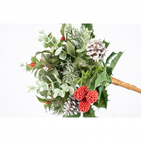 Zweig mit Schneebedeckten Tannenzapfen und Roten Beeren