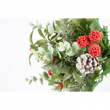 Zweig mit Schneebedeckten Tannenzapfen und Roten Beeren