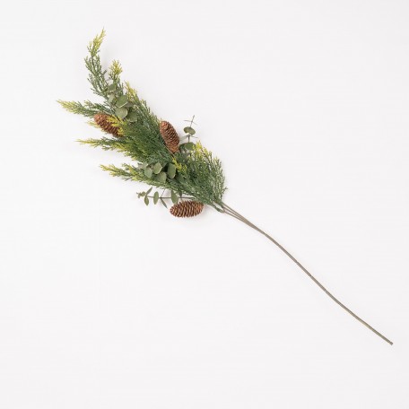 Decorative Branch with Green Needles and Pine Cones