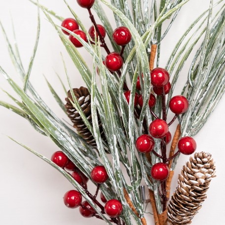 Branche Décorative avec Pommes de Pin  Baies Rouges et Aiguilles Enneigées