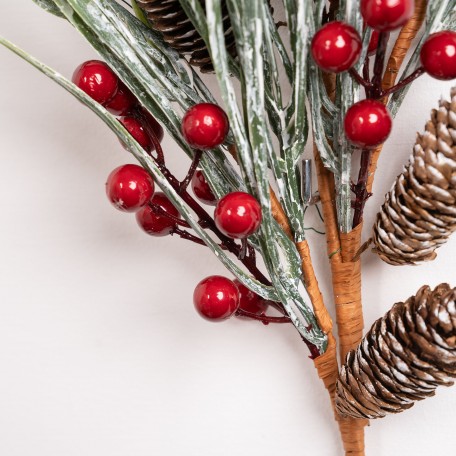Decorative Branch with Pine Cones  Red Berries and Snowy Needles