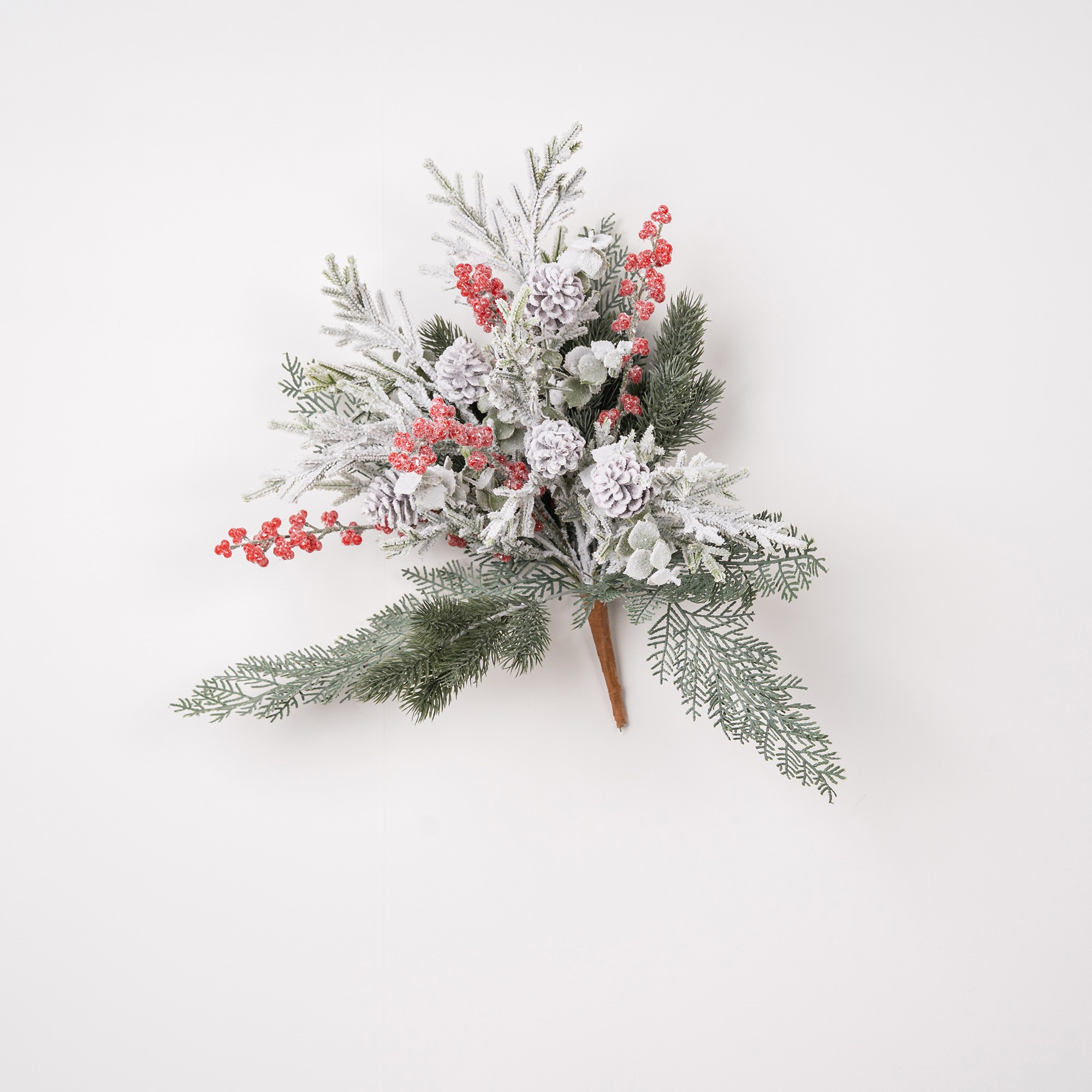 Giulia Grillo Decorative Branch with Holly  Snowy Pine Cones  and Red Berries