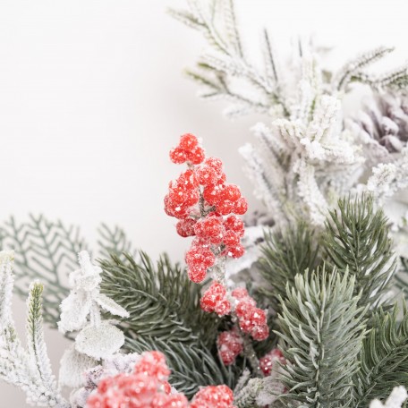 Decorative Branch with Holly  Snowy Pine Cones  and Red Berries