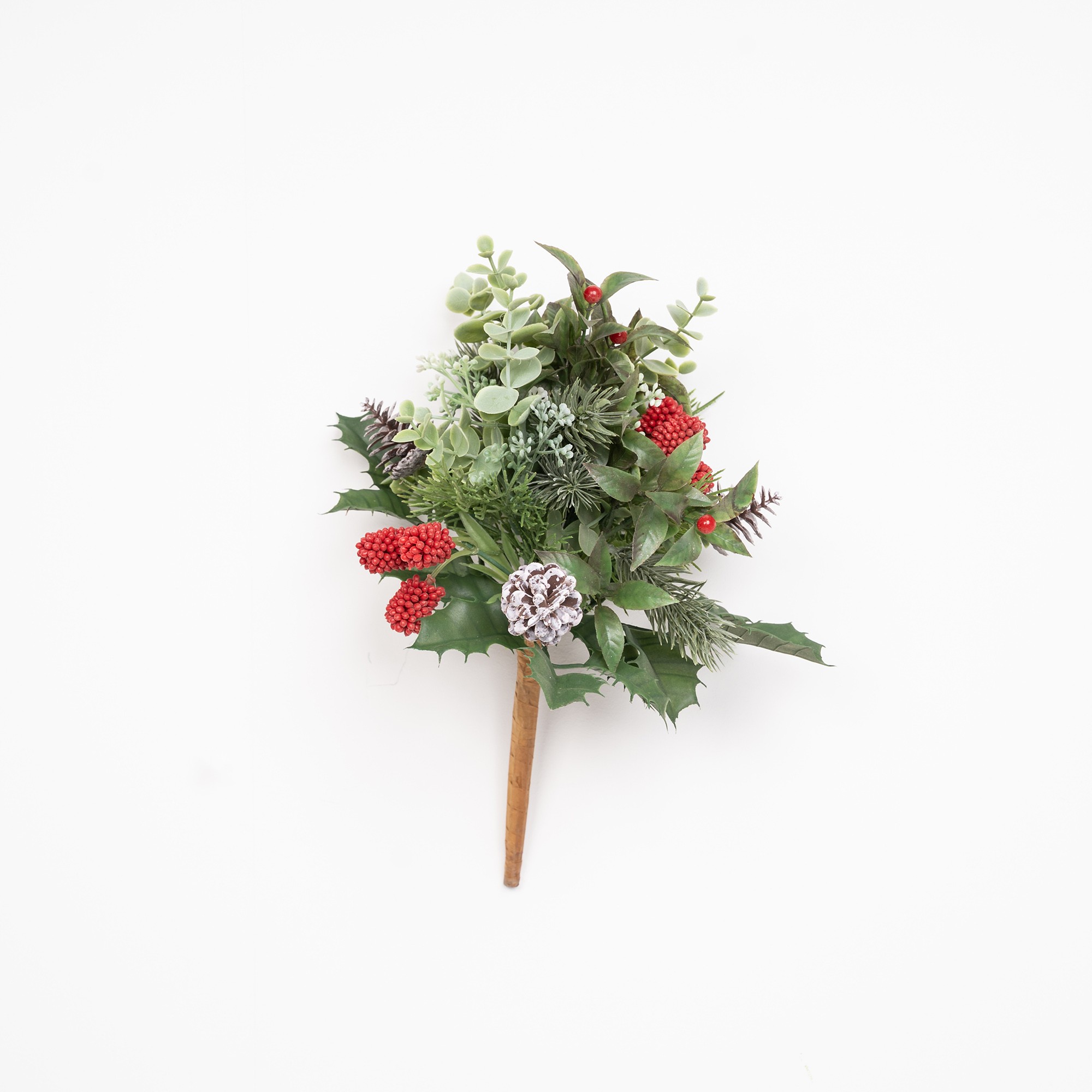 Giulia Grillo Branch with Snowy Pine Cones and Red Berries