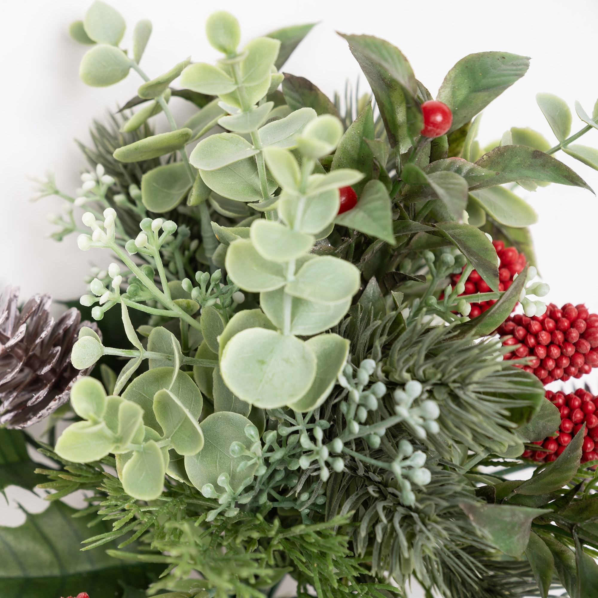 Giulia Grillo Branch with Snowy Pine Cones and Red Berries