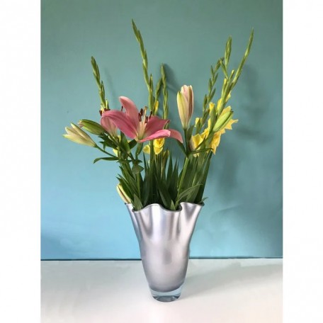 Vaso in vetro ondulato argento metallizzato vaso da tavolo 21 x 21 x 30 cm