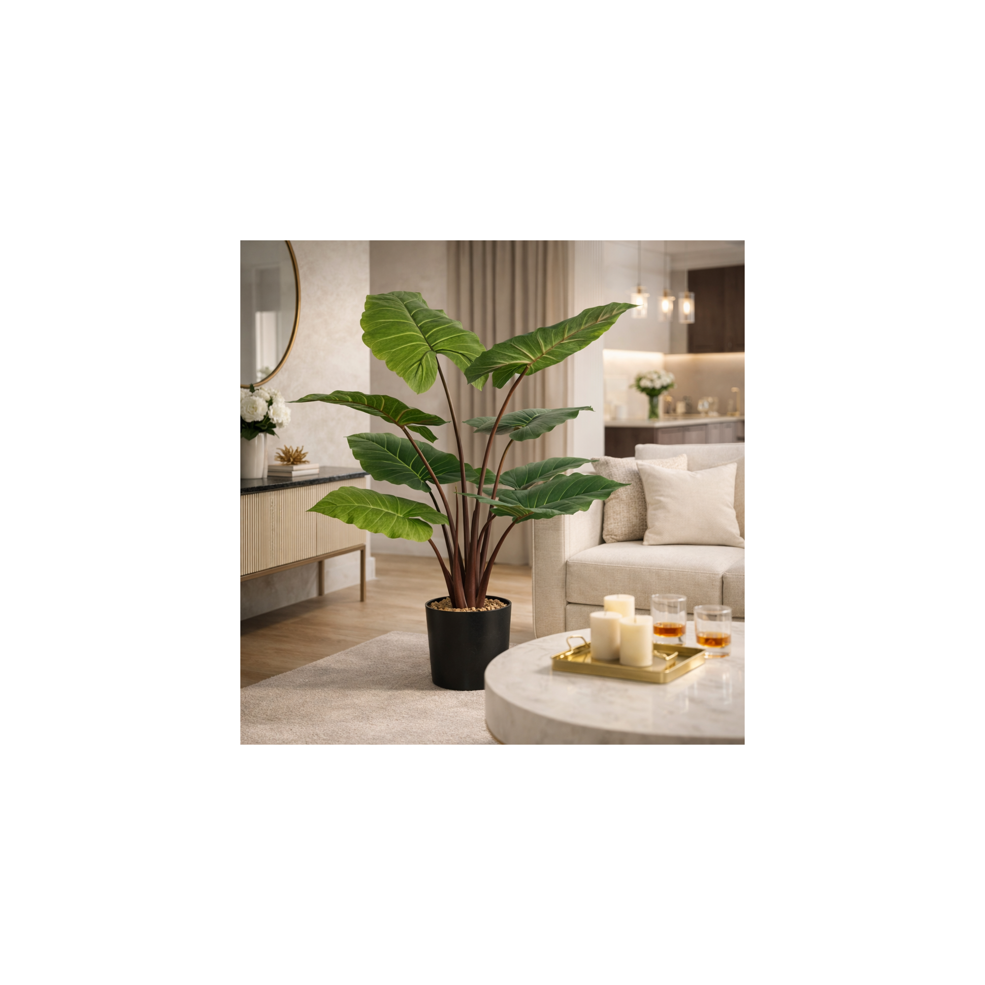 Giulia Grillo Alocasia Macrorrhiza Artificiale Verde, Base con ciottoli 150cm