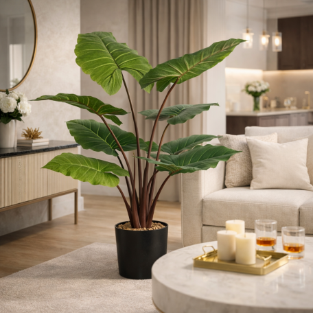 Alocasia Macrorrhiza Artificiale Verde, Base con ciottoli 150cm