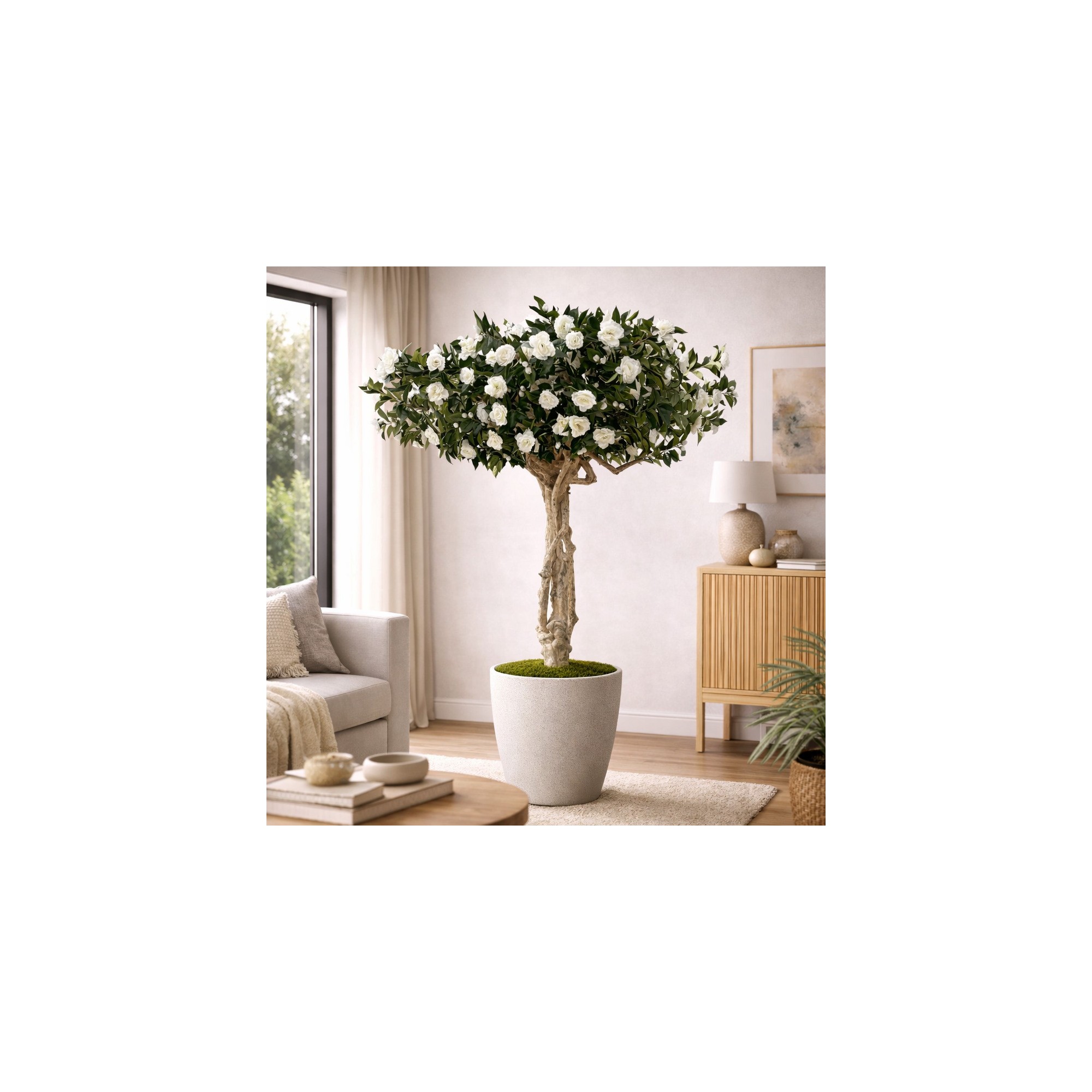  Camelia Luxe Seminaturale  Verde con Fiori Bianchi  Tronco Majestic  H 275 cm