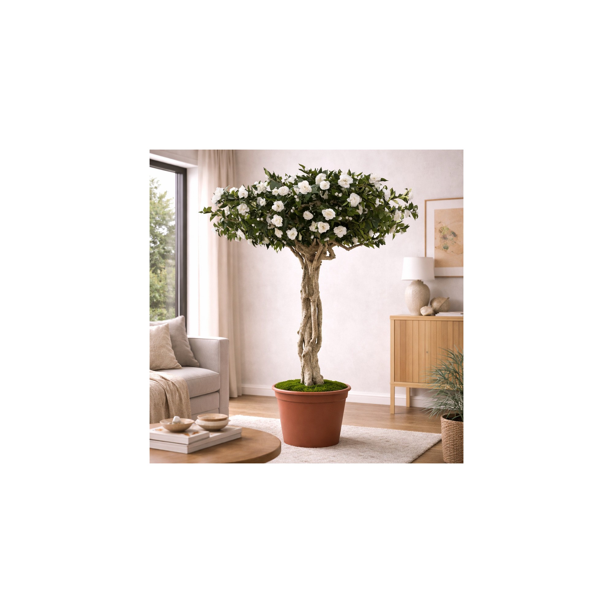 Camelia Luxe Seminaturale  Verde con Fiori Bianchi  Tronco Majestic  H 275 cm