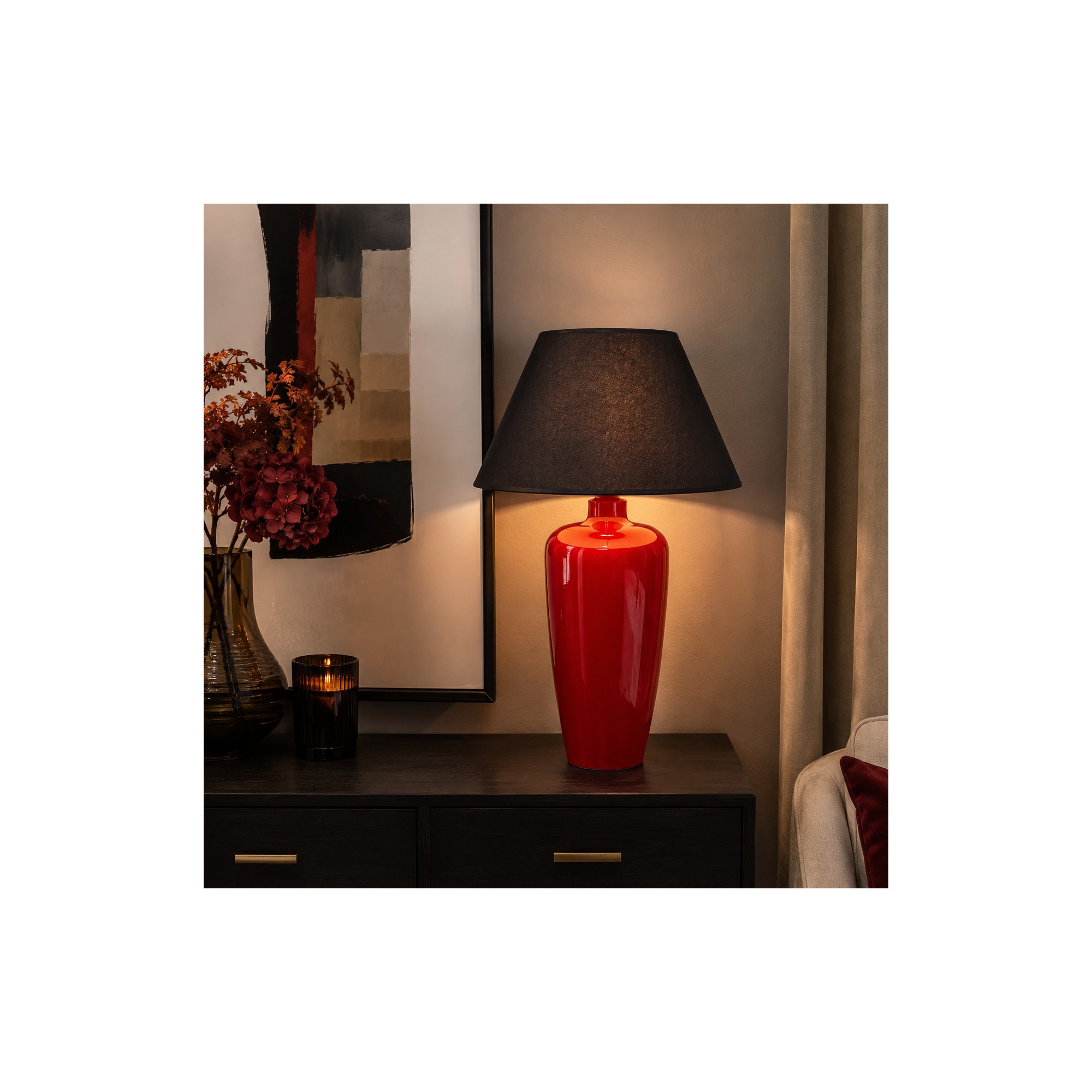  Lampada da tavolo in vetro rosso stretto con paralume nero