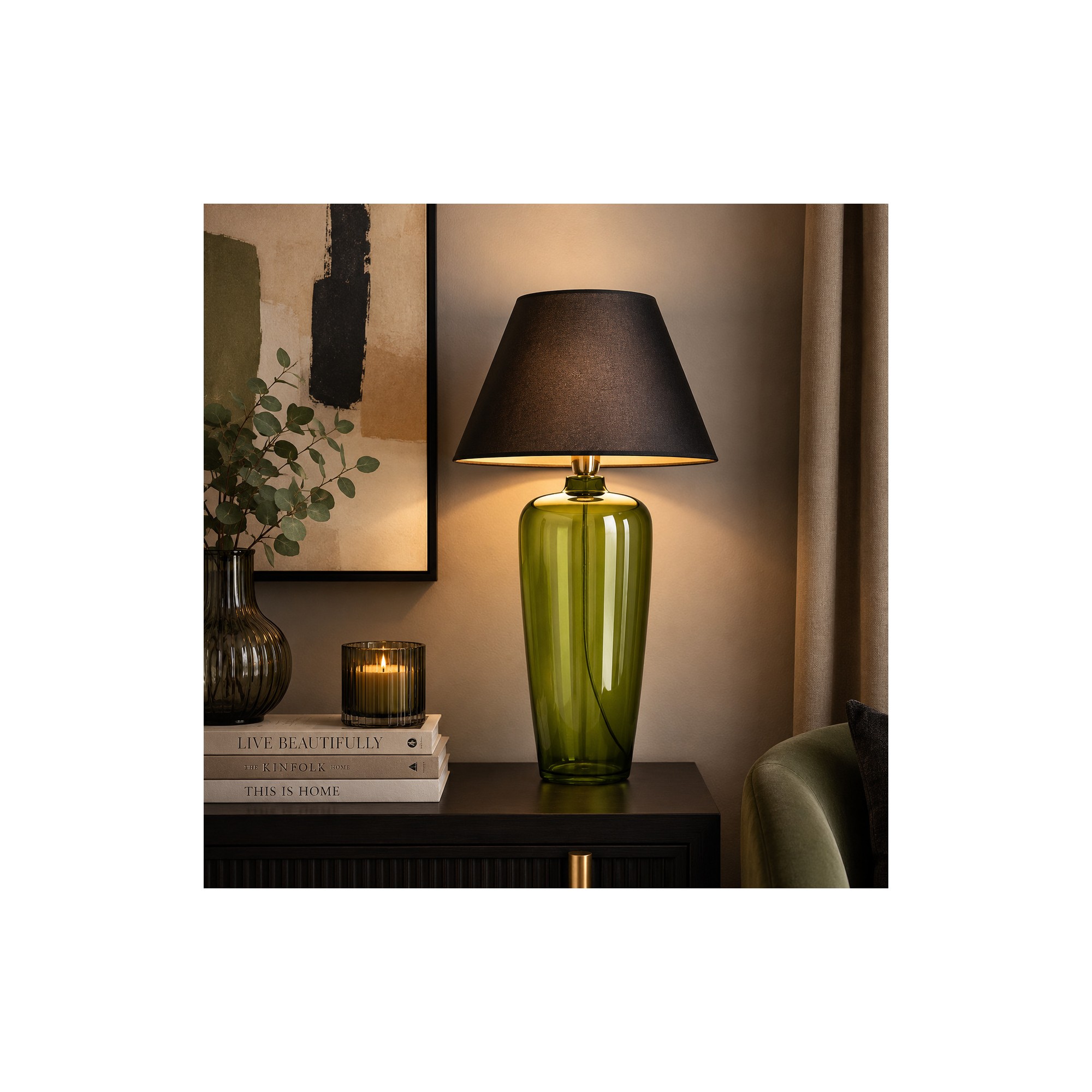  Lampada da tavolo in vetro verde stretta con paralume nero