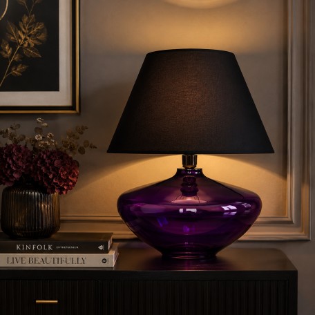 Lampada da tavolo in vetro viola a forma di bulbo con paralume