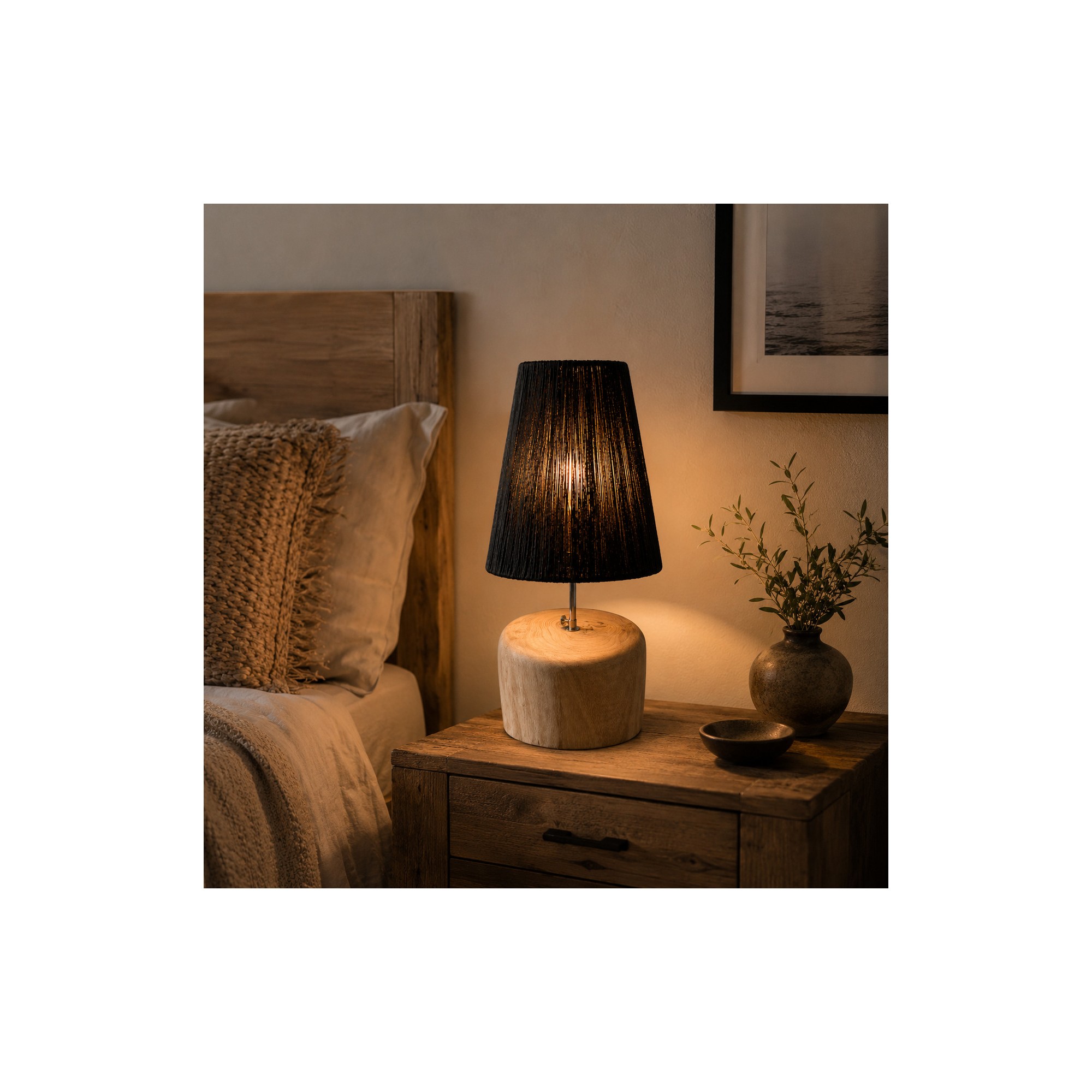 Giulia Grillo La Lampada da Tavolo in Legno di Teak e Rafia - Nero Naturale