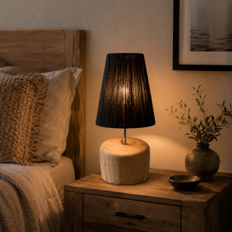 La Lampada da Tavolo in Legno di Teak e Rafia - Nero Naturale