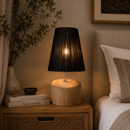 La Lampada da Tavolo in Legno di Teak e Rafia - Nero Naturale