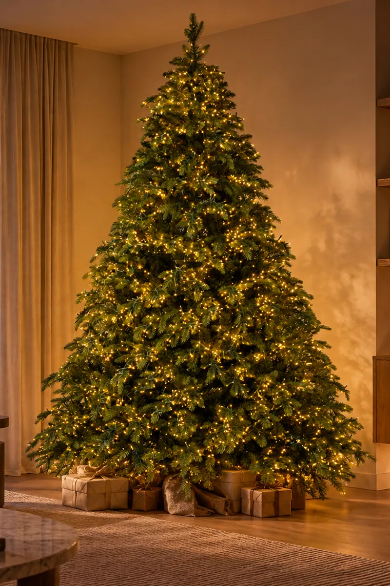 Weihnachtsbaum mit Beleuchtung Giulia Grillo, abends im Wohnzimmer erleuchtet: warmweißes Licht vom Fuß bis zur Spitze