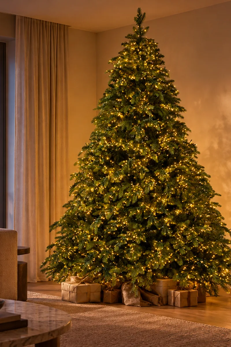 Weihnachtsbaum mit Beleuchtung Giulia Grillo in einem Wohnzimmer bei Sonnenuntergang, vor dem Fenster, erleuchtet